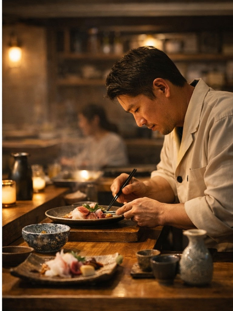 Chef carefully plating a dish at a Tokyo restaurant — Signature Reservation Service dining concierge